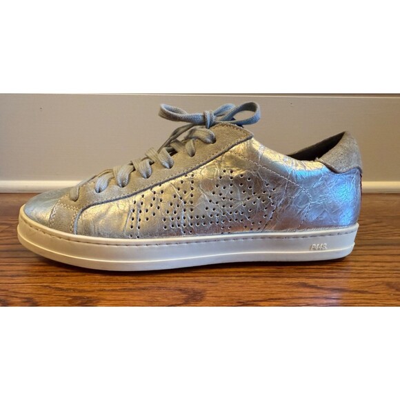 P448 John Sneakers Silver Gray Pink Accent Leather Womens EU Sz 38 US 8.5-9 - Picture 2 of 12